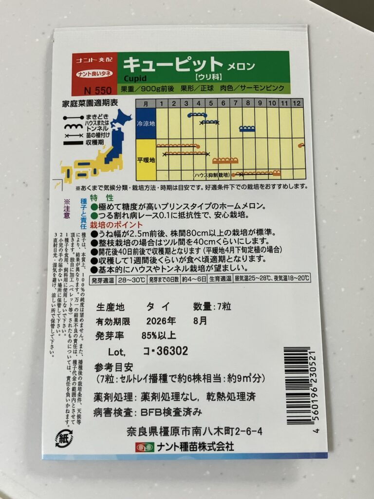 キューピットメロンの種袋（裏面・栽培方法）